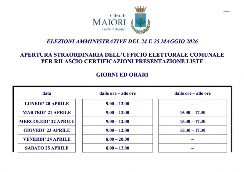 Elezioni amministrative del 24 e 25 maggio 2026 - apertura straordinaria dell�Ufficio Elettorale comunale per rilascio certificazioni presentazione liste