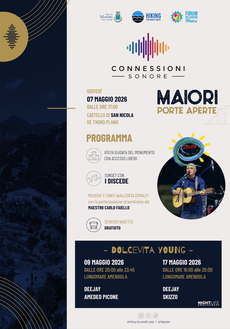Al via a Maiori �Connessioni Sonore�. La prima il 7 maggio al Castello di San Nicola de Thoro Plano. Musica e identit� con i Discede e l�ospite d�eccezione Carlo Faiello. Poi due Dj set con Amedeo Picone e dj Skizzo