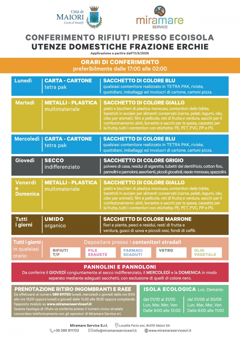 Erchie: nuovo sistema di raccolta rifiuti. Attiva dall\'11/5/2026 l�ecoisola di prossimit� e il nuovo calendario di conferimento.