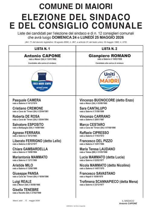 Elezioni amministrative del 24 e 25 maggio p.v.: liste dei candidati per l\'elezione del Sindaco e dei Consiglieri Comunali