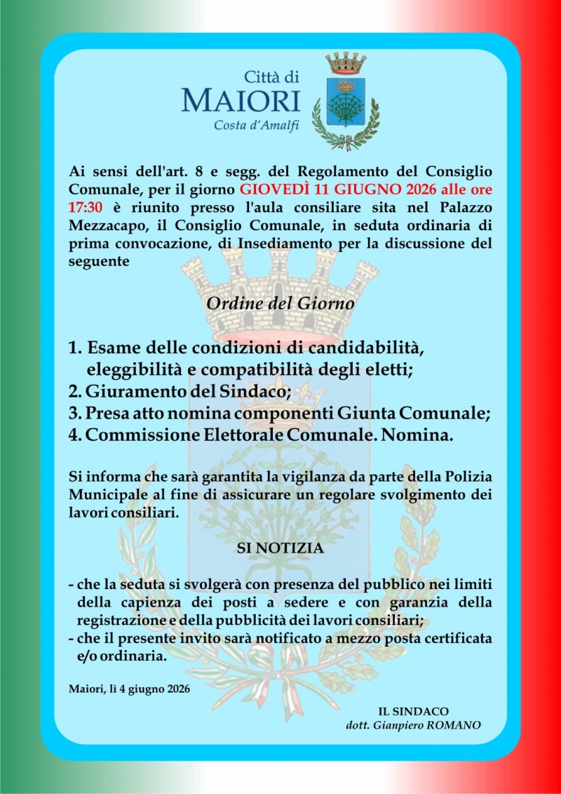 Convocazione del Consiglio Comunale di Insediamento per il giorno 11 giugno 2026 