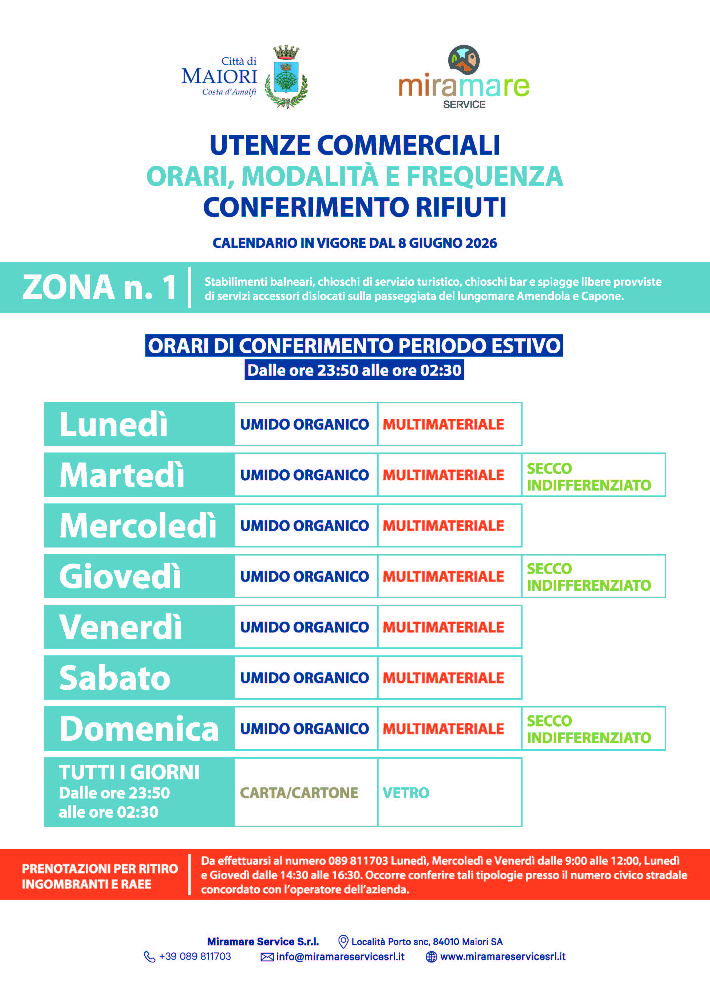Calendario utenze commerciali - suddiviso per zone - a partire dal 8 giugno 2026 
