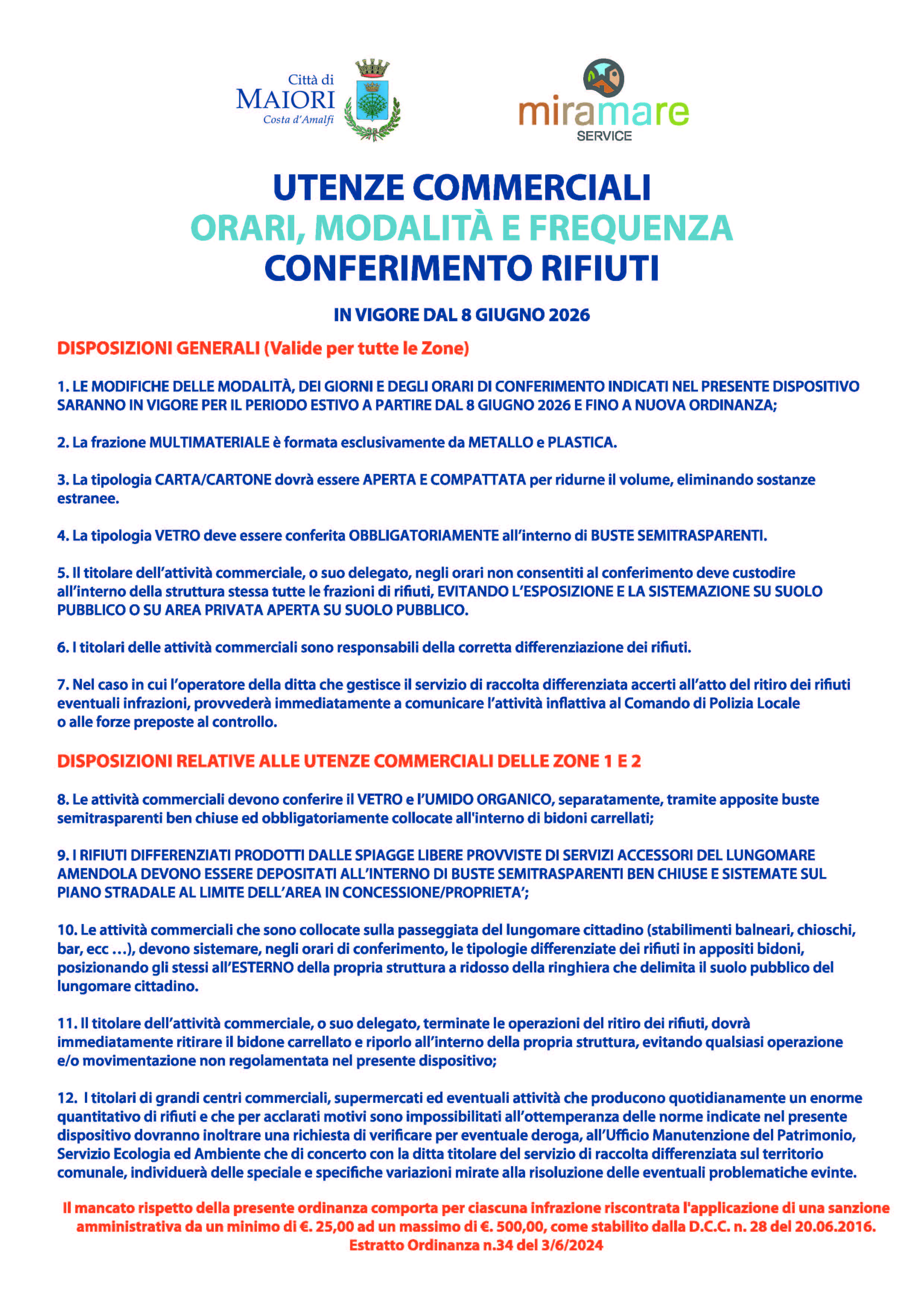 Calendario utenze commerciali - suddiviso per zone - a partire dal 8 giugno 2026 