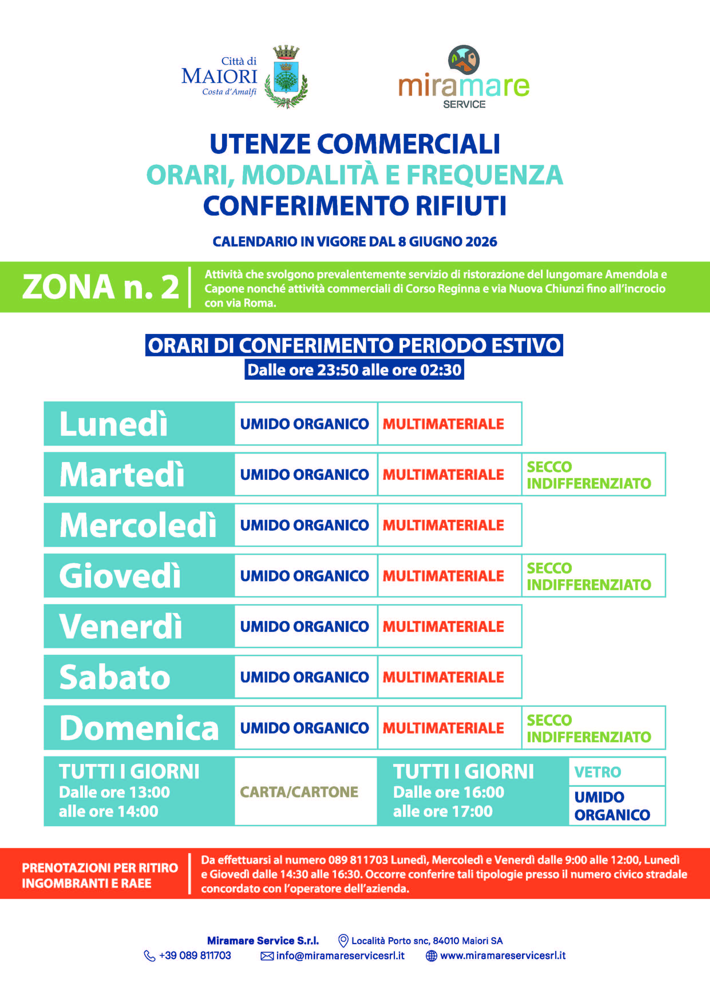 Calendario utenze commerciali - suddiviso per zone - a partire dal 8 giugno 2026 