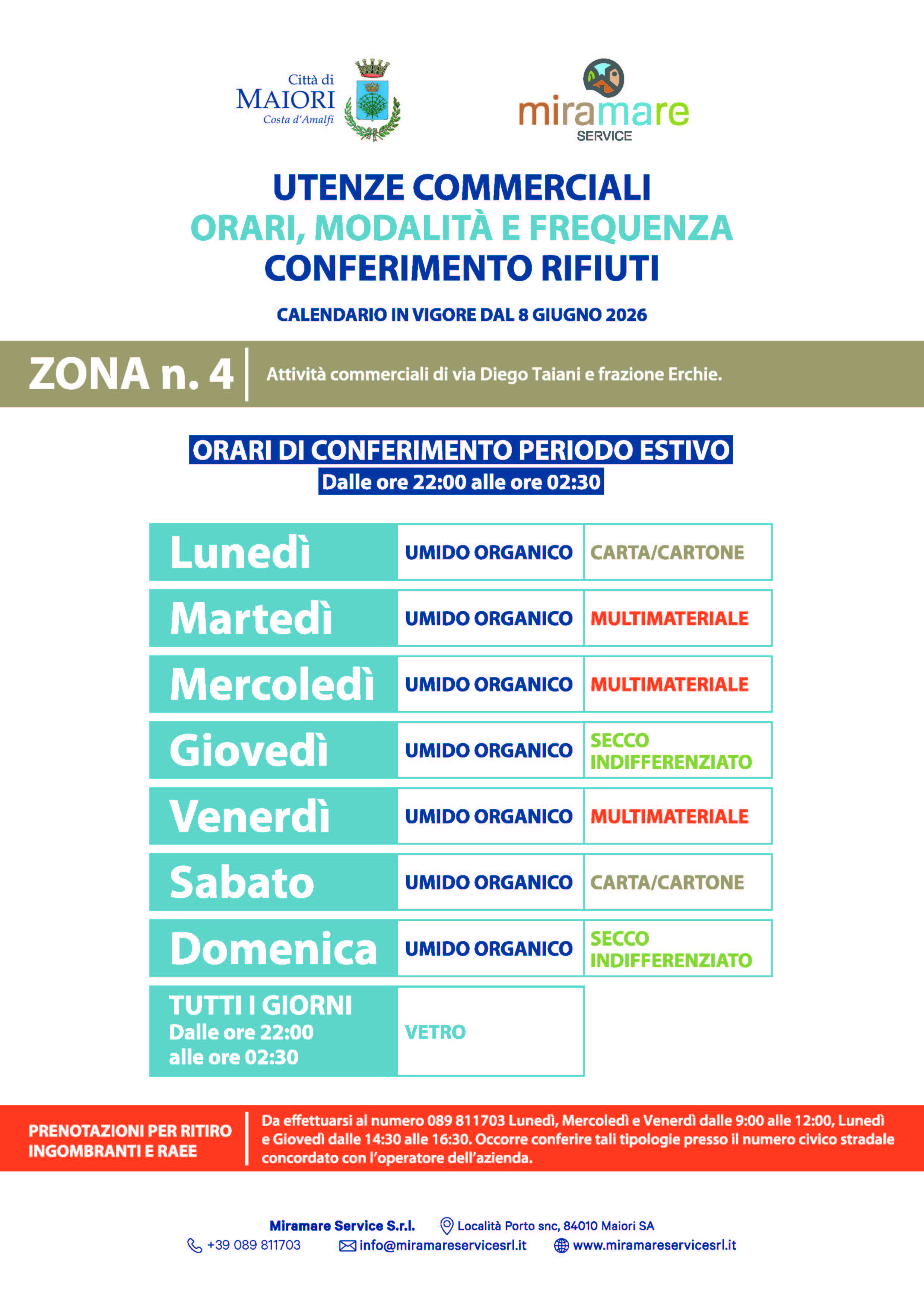 Calendario utenze commerciali - suddiviso per zone - a partire dal 8 giugno 2026